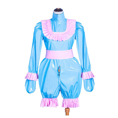 Fondcosplay Handmade Sissy Maid Crossdressing Lockable Thin PVC Blue Romper Costume with Pink Ruffles [G4063]