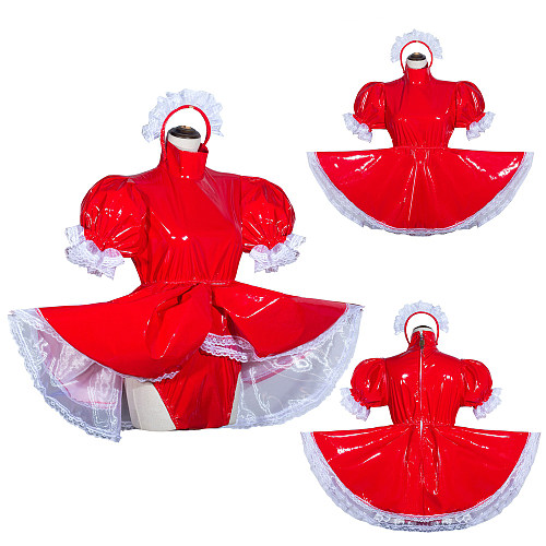 Fondcosplay Handmade Sissy Maid Crossdressing Lockable Thin PVC Red Dress Costume with Built-in Panties [G4060]