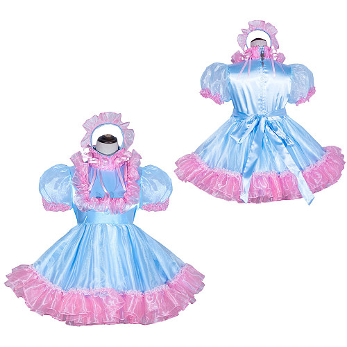 Fondcosplay Handmade Sissy Maid Crossdressing Lockable Satin and Organza Blue Pink Dress Costume with Headpiece [G4055]