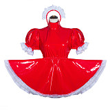 Fondcosplay Handmade Sissy Maid Crossdressing Lockable Thin PVC Red Dress Costume with Built-in Panties [G4060]