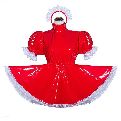 Fondcosplay Handmade Sissy Maid Crossdressing Lockable Thin PVC Red Dress Costume with Built-in Panties [G4060]