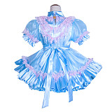 Fondcosplay Handmade Sissy Maid Crossdressing Lockable Satin and Organza Blue Dress Costume with Pink Ruffles [G4059]