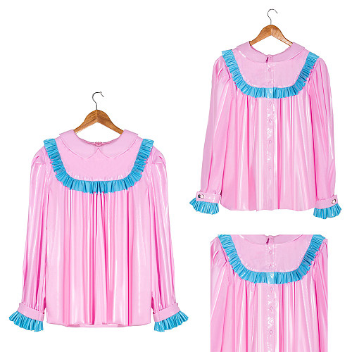 Fondcosplay Handmade Sissy Maid Crossdressing Thin PVC Pink Blouse with Blue Ruffle Trim [G4057]