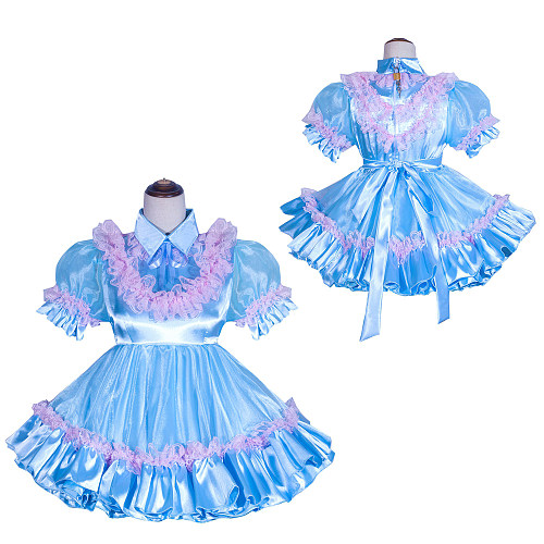 Fondcosplay Handmade Sissy Maid Crossdressing Lockable Satin and Organza Blue Dress Costume with Pink Ruffles [G4059]