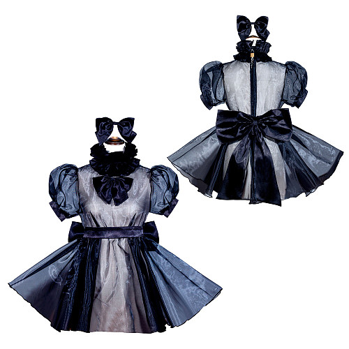 Fondcosplay Handmade Sissy Maid Crossdressing Lockable Black Organza Dress Costume with Bow and Headpiece [G4054]