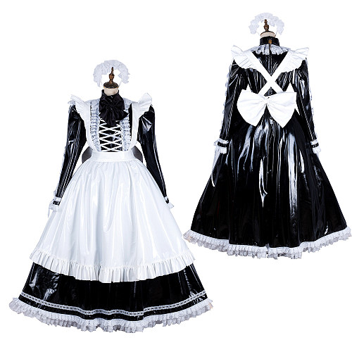 Handmade Lockable Sissy Maid Long Dress – Black & White Thin PVC Crossdressing Outfit [G1807]