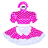 Fondcosplay Handmade Sissy Maid Crossdressing Lockable Satin Polka Dot Pink Dress Costume with Apron and Headpiece [G4045]