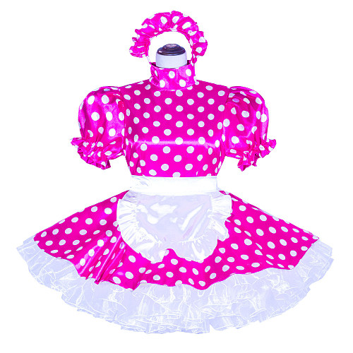 Fondcosplay Handmade Sissy Maid Crossdressing Lockable Satin Polka Dot Pink Dress Costume with Apron and Headpiece [G4045]