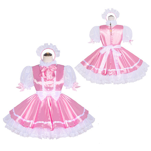 Fondcosplay Handmade Sissy Maid Crossdressing Lockable Satin and Organza Pink Dress Costume [G4048]