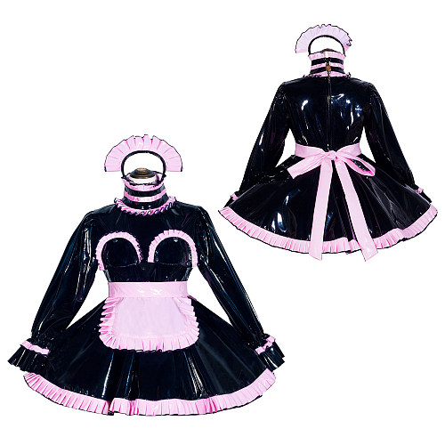 Fondcosplay Handmade Sissy Maid Crossdressing Lockable Heavy PVC Black Dress Costume with Pink Apron [G4051]