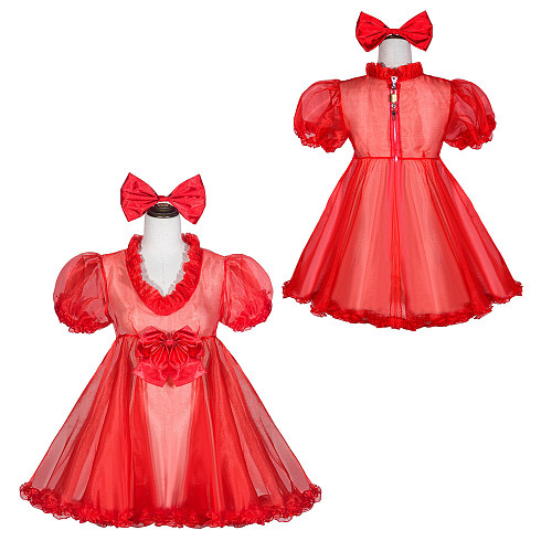 Fondcosplay Handmade Sissy Maid Crossdressing Lockable Red Organza Dress Costume with Bow and Headpiece [G4053]