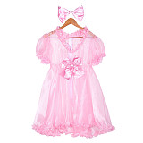 Fondcosplay Handmade Sissy Maid Crossdressing Lockable Pink Organza Dress Costume with Bow and Headpiece [G4052]