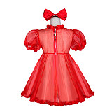 Fondcosplay Handmade Sissy Maid Crossdressing Lockable Red Organza Dress Costume with Bow and Headpiece [G4053]