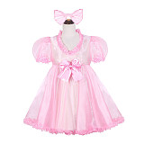 Fondcosplay Handmade Sissy Maid Crossdressing Lockable Pink Organza Dress Costume with Bow and Headpiece [G4052]