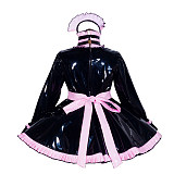 Fondcosplay Handmade Sissy Maid Crossdressing Lockable Heavy PVC Black Dress Costume with Pink Apron [G4051]