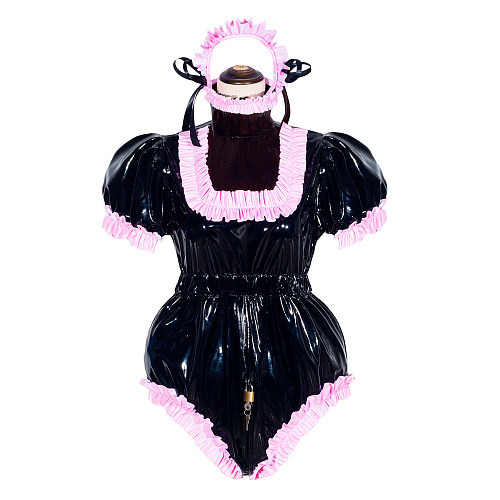 Fondcosplay Handmade Sissy Maid Crossdressing Lockable Heavy PVC Black Romper Costume with Pink Frills [G4049]