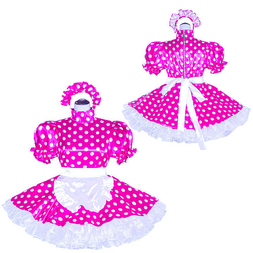 Fondcosplay Handmade Sissy Maid Crossdressing Lockable Satin Polka Dot Pink Dress Costume with Apron and Headpiece [G4045]