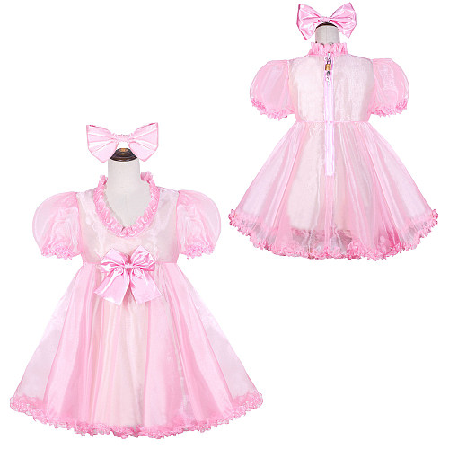 Fondcosplay Handmade Sissy Maid Crossdressing Lockable Pink Organza Dress Costume with Bow and Headpiece [G4052]