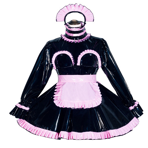 Fondcosplay Handmade Sissy Maid Crossdressing Lockable Heavy PVC Black Dress Costume with Pink Apron [G4051]