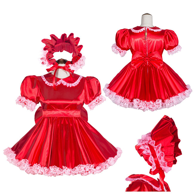 Fondcosplay Handmade Sissy Maid Crossdressing Lockable Satin Red Dress Costume with Lace and bonnet [G4042]