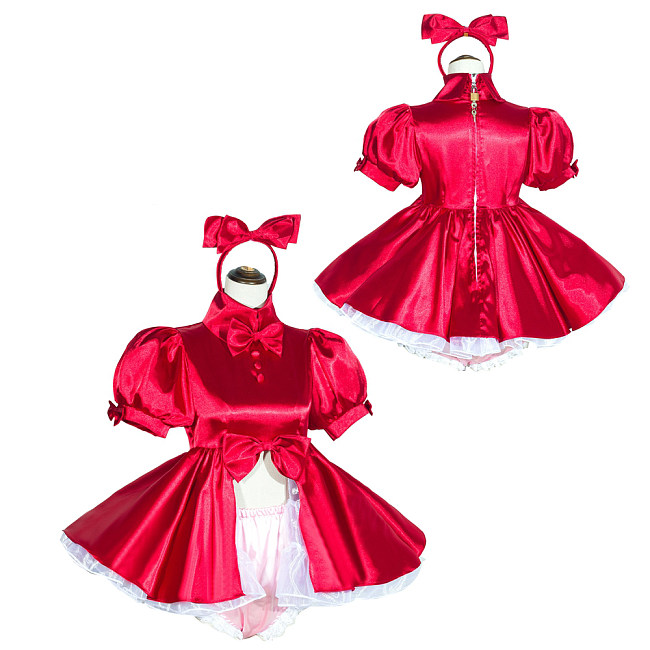 Fondcosplay Handmade Sissy Maid Crossdressing Lockable Satin Red Dress Costume with Optional Panties [G4034]