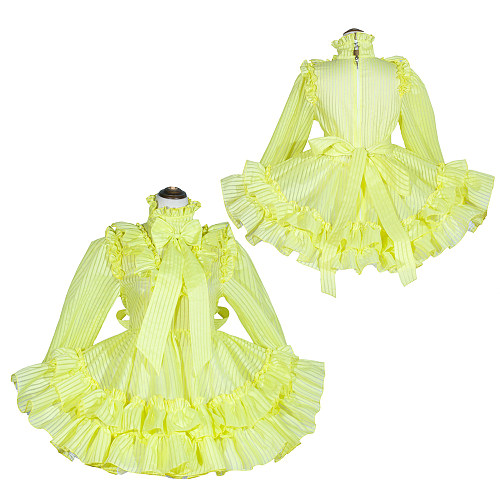 Fondcosplay Handmade Yellow Striped Organza Lockable Sissy Dress with Ruffles and Bow [G4029]