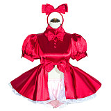 Fondcosplay Handmade Sissy Maid Crossdressing Lockable Satin Red Dress Costume with Optional Panties [G4034]