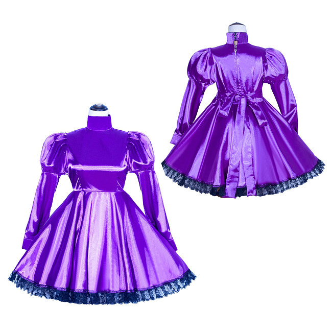 Fondcosplay Handmade Sissy Maid Crossdressing Lockable Satin Long Sleeve Dress Costume [G4033]