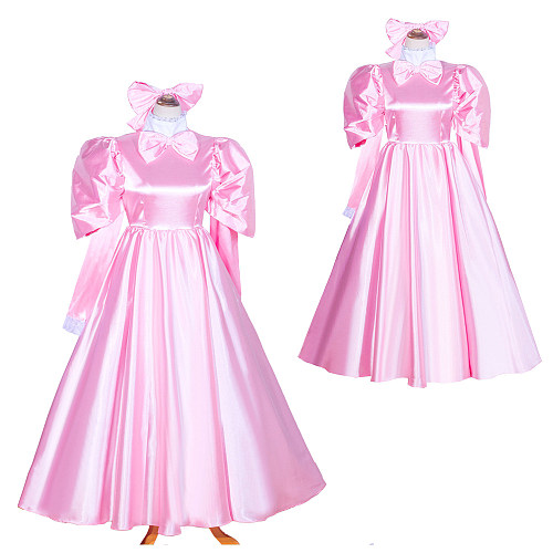 Fondcosplay Handmade Sissy Maid Crossdressing Lockable Satin Pink Long Dress Costume [G4036]