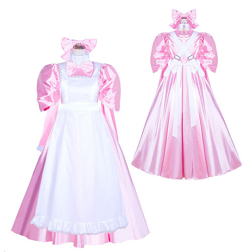 Fondcosplay Handmade Sissy Maid Crossdressing Lockable Satin Pink Long Dress Costume with White Apron [G4043]