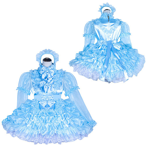 Fondcosplay Handmade Lockable Sissy Maid Dress Light Blue Satin and Organza Crossdressing Outfit [G4023]