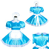 Fondcosplay Handmade Sissy Maid Crossdressing Lockable Satin Blue Dress Costume with Apron and Headpiece [G4044]
