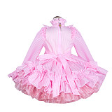 Fondcosplay Handmade Pink Striped Organza Lockable Sissy Dress with Ruffles and Bow [G4028]