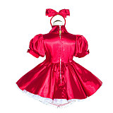 Fondcosplay Handmade Sissy Maid Crossdressing Lockable Satin Red Dress Costume with Optional Panties [G4034]
