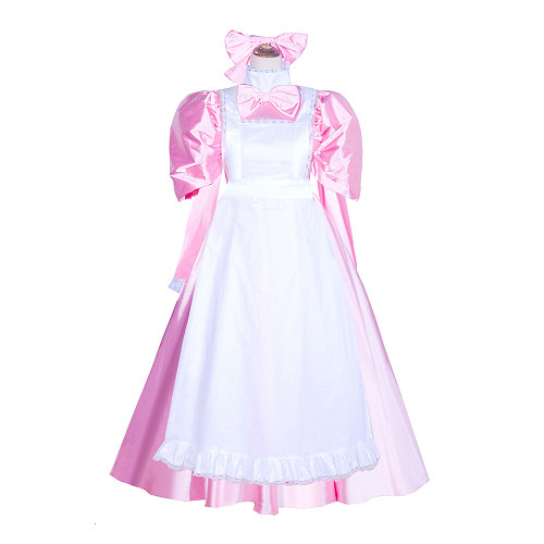 Fondcosplay Handmade Sissy Maid Crossdressing Lockable Satin Pink Long Dress Costume with White Apron [G4043]