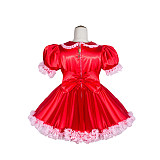 Fondcosplay Handmade Sissy Maid Crossdressing Lockable Satin Red Dress Costume with Lace and bonnet [G4042]