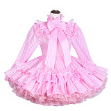 Fondcosplay Handmade Pink Striped Organza Lockable Sissy Dress with Ruffles and Bow [G4028]