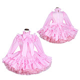 Fondcosplay Handmade Pink Striped Organza Lockable Sissy Dress with Ruffles and Bow [G4028]