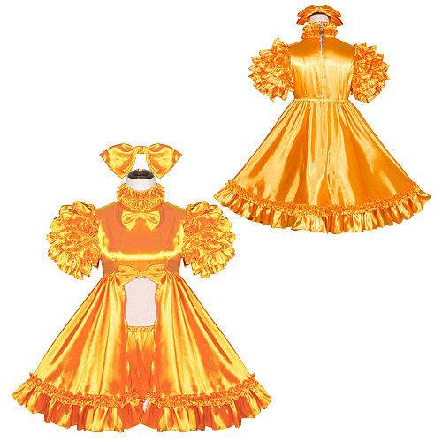 Fondcosplay Handmade Sissy Maid Crossdressing Lockable Satin Orange Open Front Dress Costume with Optional Panties [G4040]