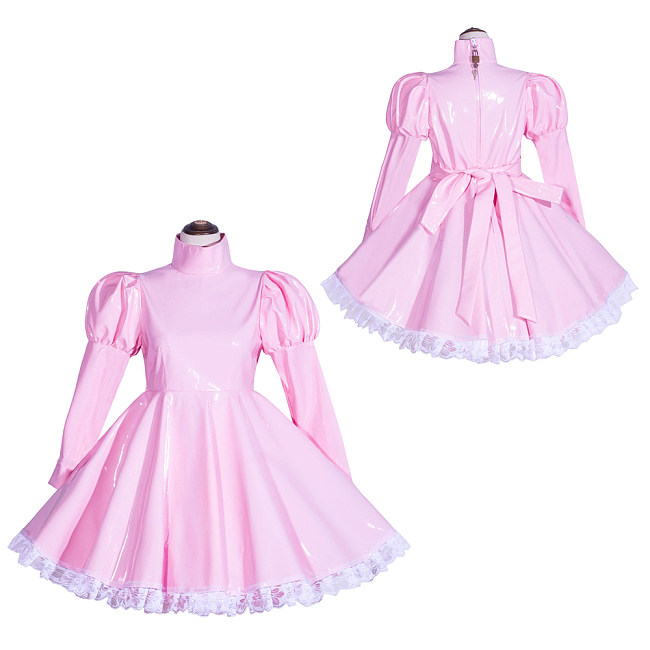 Fondcosplay Handmade Sissy Maid Crossdressing Lockable Thin PVC Pink Dress Costume [G4035]