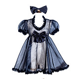 Fondcosplay Handmade Black Organza Lockable Sheer Sissy Dress with Puff Sleeves and Bow [G4030]