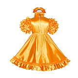 Fondcosplay Handmade Sissy Maid Crossdressing Lockable Satin Orange Open Front Dress Costume with Optional Panties [G4040]