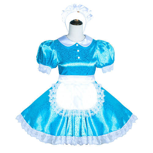 Fondcosplay Handmade Sissy Maid Crossdressing Lockable Satin Blue Dress Costume with Apron and Headpiece [G4044]