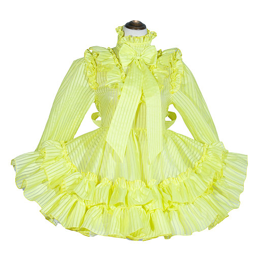 Fondcosplay Handmade Yellow Striped Organza Lockable Sissy Dress with Ruffles and Bow [G4029]