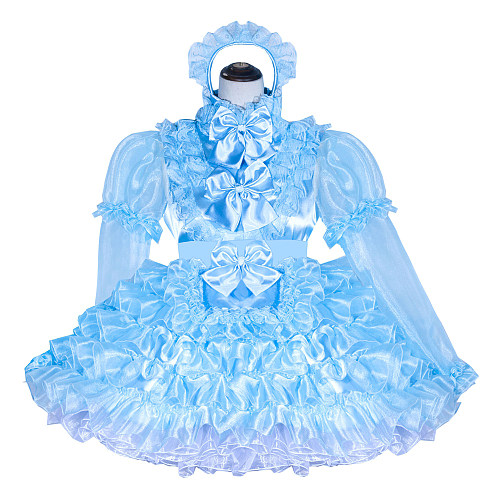 Fondcosplay Handmade Lockable Sissy Maid Dress Light Blue Satin and Organza Crossdressing Outfit [G4023]