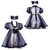 Fondcosplay Handmade Black Organza Lockable Sheer Sissy Dress with Puff Sleeves and Bow [G4030]