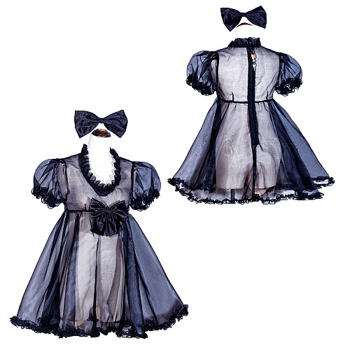 Fondcosplay Handmade Black Organza Lockable Sheer Sissy Dress with Puff Sleeves and Bow [G4030]