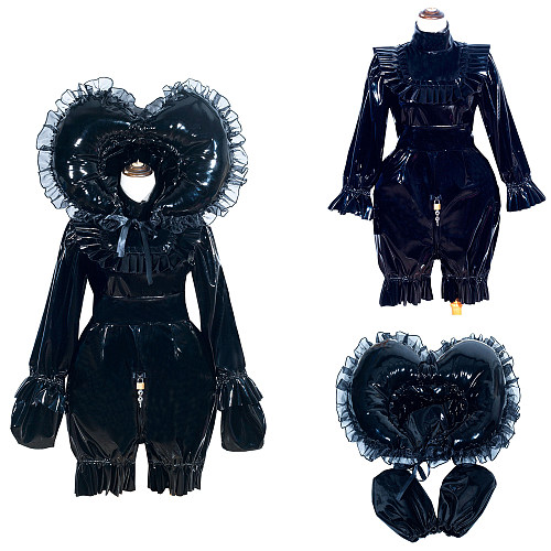 Fondcosplay Handmade Lockable Sissy Maid Romper with Hood Black Thin PVC Crossdressing Outfit [G4011]