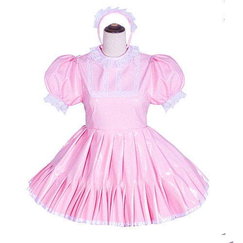 Fondcosplay Handmade Lockable Sissy Maid Dress Pink Thin PVC with White Lace Crossdressing Outfit [G4020]