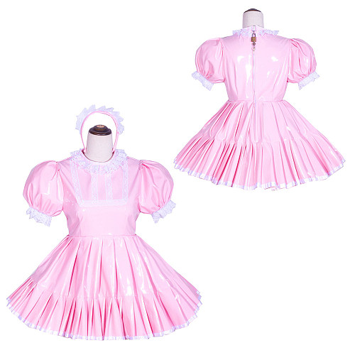 Fondcosplay Handmade Lockable Sissy Maid Dress Pink Thin PVC with White Lace Crossdressing Outfit [G4020]